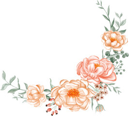 Watercolor Peach Floral Corner Border. Elegant Botanical Design Element for Wedding Invitations, Greeting Cards, and Event Decor