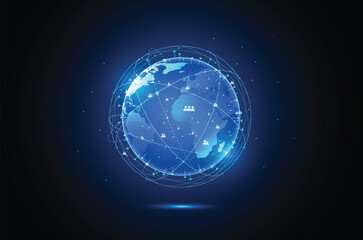 Obraz premium Global network connection and communication design. World map point and line composition concept of global business. Vector Illustration