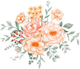 Elegant Watercolor Floral Bouquet Design Element. Soft Peach Flowers & Green Leaves for Wedding Invitations, Branding & Digital Marketing.
