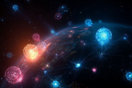 web3 digital asset economy, glowing NFT and token nodes connected globally