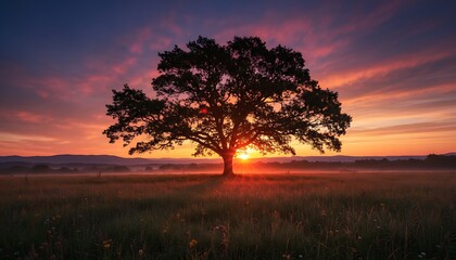 Fototapeta premium Silhouetted tree in a grassy field against a vibrant, colorful sunset with a mountain range
