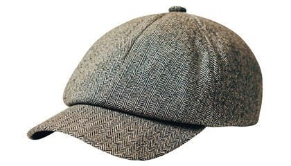 Textured grey herringbone cap, classic style, isolated on a black background