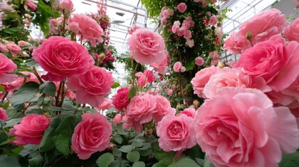 Obraz premium Lush Collection of Pink Roses Blooming in a Bright Greenhouse, Capturing Nature's Beauty and Elegance in Full Bloom