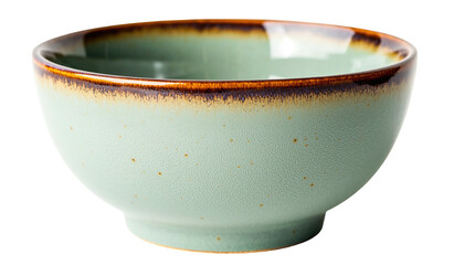 Ceramic bowl with a speckled green body and brown rim