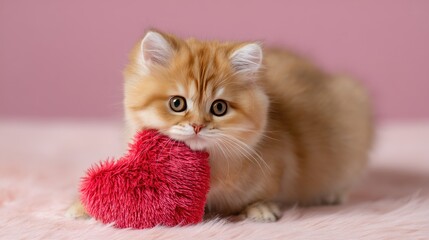 Playful ginger kitten holding red heart plush, soft pink background, charming Valentine stock photo with warm emotional tone