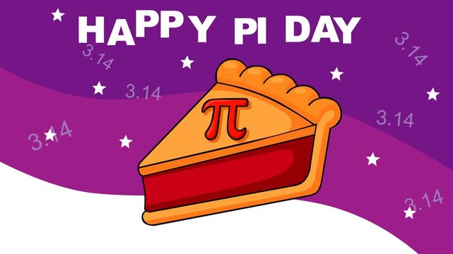 Happy Pi Day background featuring pie slice with pi symbol and 3.14 numbers on purple backdrop. Perfect for March 14 math celebration, STEM education, classroom activities and learning events.
