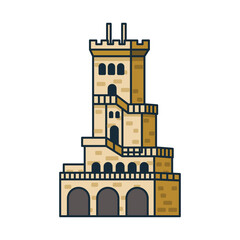 Ancient stone watchtower with external staircase and arches. Illustration. Object isolated on white background.