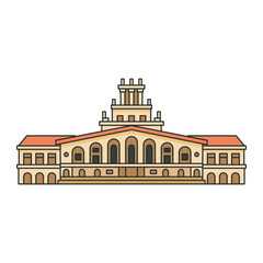 Historic classical building with central pediment and tower. Illustration. Object isolated on white background.