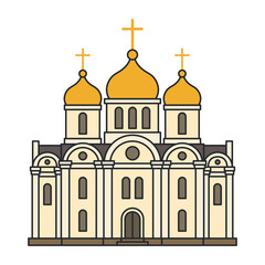 Orthodox Cathedral with Golden Domes Front View. Illustration. Object isolated on white background.