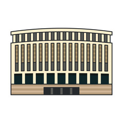 Modern circular civic building with vertical windows and curved facade. Illustration. Object isolated on white background.