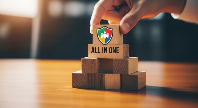 A wooden block game with a shield emblem labeled all in one being placed.