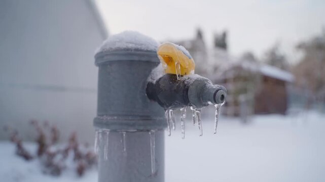 Icy street water tap, large size. Icicles hanging from the hose connector