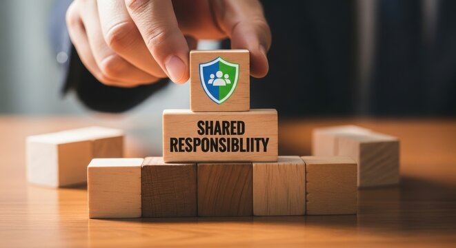 Building blocks spelling out shared responsibility with a person placing the final piece.