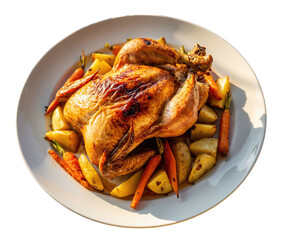 Roasted whole bird with veggies, presented on a white plate