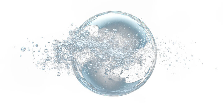 A large sphere of water exploding into droplets, against a black background