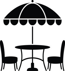 Black and white silhouette of outdoor patio furniture with round table, chairs, and decorative umbrella, garden leisure setup illustration for cafe, backyard, or terrace design