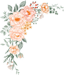 Elegant Watercolor Peach Floral Corner Border. Botanical Design Element for Wedding Invitations, Cards & Branding Graphics.
