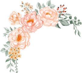 Elegant Watercolor Peach Floral Corner Border Design. Decorative Flower Arrangement for Wedding Invitations & Branding