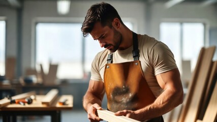 Obraz premium Young caucasian male carpenter in workshop inspecting wooden plank.