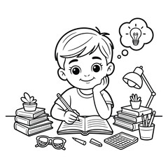 A happy boy with an idea symbol in a thought bubble drawing and writing at a desk with books and school supplies