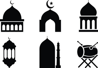 Obraz premium Islamic Ramadan icon set with mosque domes, crescent moon, lantern, minaret and traditional drum silhouettes in black isolated on light background.