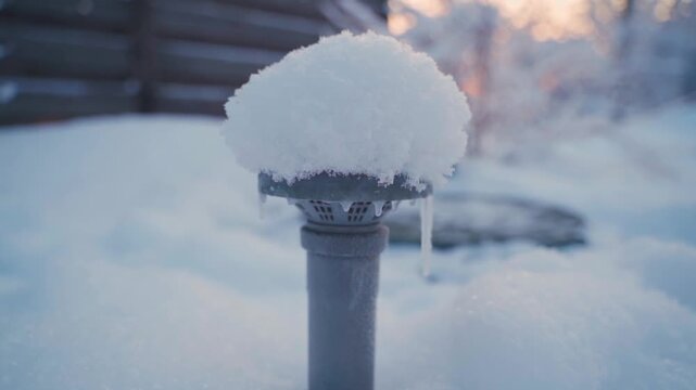 An exhaust pipe from an underground room covered in snow and icicles, close-up against the background of a frosty dawn