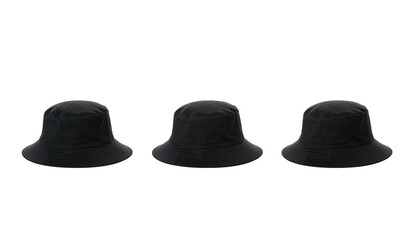 Three black bucket hats in a row, isolated against a solid black backdrop