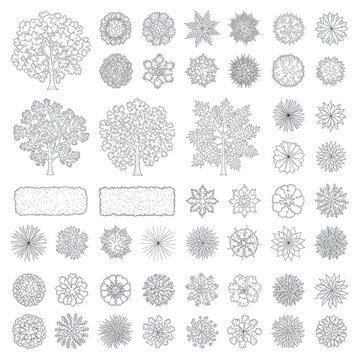 A systematic grid of distinct black and white line art architectural drawings, featuring various tree and shrub types from a top-down view, some detailed, some minimalist, on a transparent background,