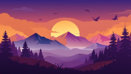 Fototapete Warmes Lila Majestic mountains bathed in the warm glow of a setting sun with silhouetted birds in flight Vector  © Rana Islam