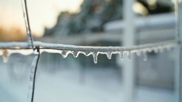 Smooth camera movement along the wire covered in ice, blurred background
