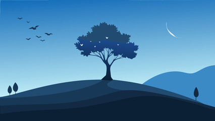 A solitary tree stands tall on a hilltop with birds flying in a clear blue sky Vector © Rana Islam
