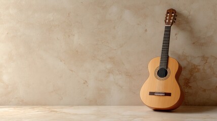 Fototapeta premium Acoustic guitar resting against a textured wall, showcasing craftsmanship and simplicity in a serene indoor setting