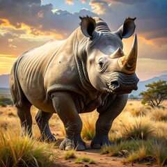 Fototapeta premium A rhino stands in a grassland against a sunset, with mountains in the distance