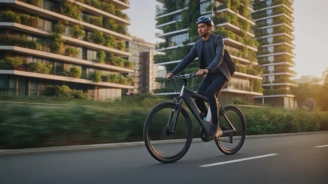 Businessman riding electric bike through modern eco-friendly cityscape