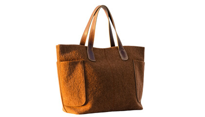 A brown tote bag with leather handles and pockets, side profile