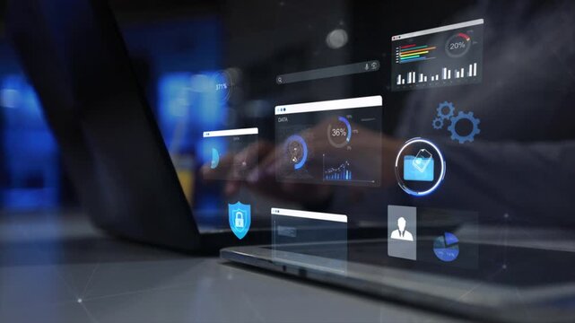 woman analyst uses a computer AI artificial intelligence and dashboard for data business analysis and Data Management System with KPI and metrics connected to the database for technology finance,