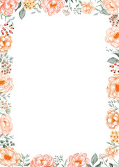 Elegant Watercolor Peach Floral Border Frame Template. Perfect for Wedding Invitations, Event Design, Greeting Cards & Branding Assets.