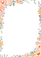 Peach Watercolor Floral Frame Border. Elegant Flower Design Template for Wedding Invitations, Greeting Cards & Event Branding.