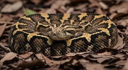 Fototapeta premium Close up of a coiled viper on a bed of dry leaves in natural habitat