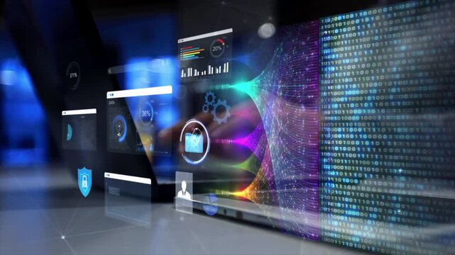 woman analyst uses a computer AI artificial intelligence and dashboard for data business analysis and Data Management System with KPI and metrics connected to the database for technology finance,ai