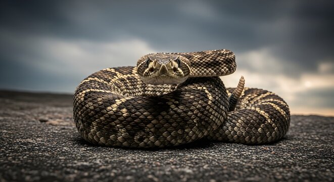 Close up of a coiled snake with patterned scales against a cloudy sky
