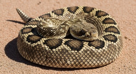 Coiled rattlesnake on sand close up of reptile with textured scales