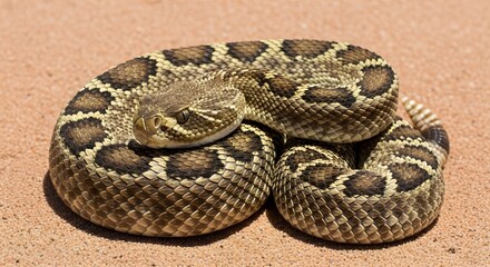 Coiled rattlesnake on earthy ground wildlife portrait and natural habitat