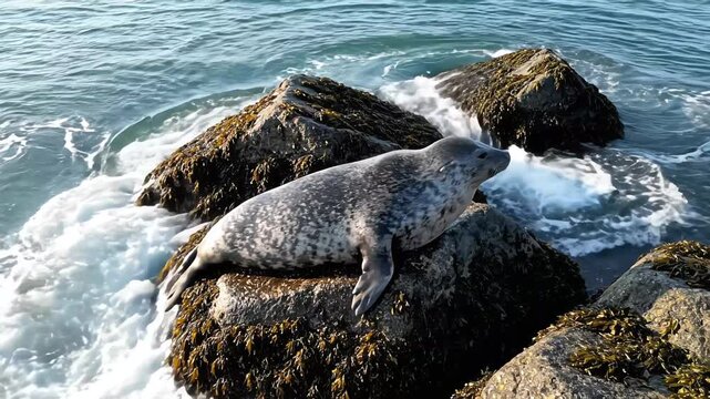Close up of a spotted Harbor seal resting on a rock covered with seaweed while ocean waves gently crash around it