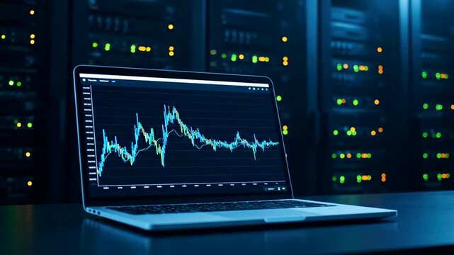 Laptop displays stock market graph in server room 