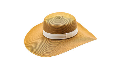 A wide-brimmed straw hat with a white ribbon, isolated on black