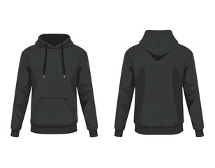 Front and back view of a dark grey hoodie on a transparent background