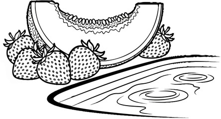 A sketch of ripe strawberries and melon slice beside rippling water