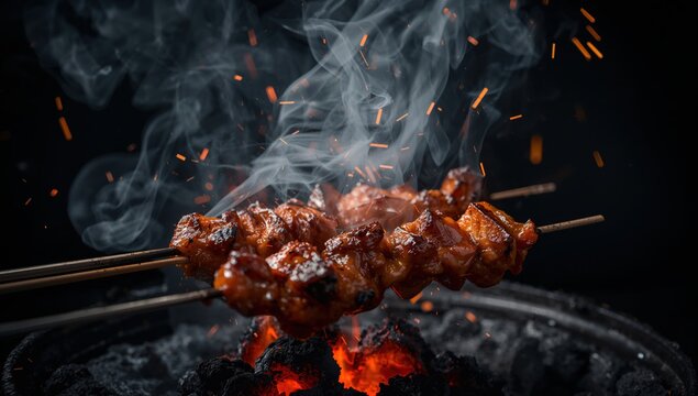 Meat skewers grilling over hot coals with smoke and sparks rising theatrically