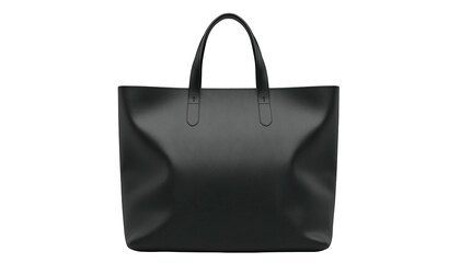 Black tote bag with short handles, front view, isolated on black
